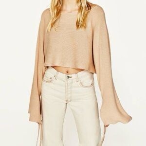 Zara Dolman Sleeve Tie Bell Cuff Crop Knit Sweater Blush Beige Oversized small